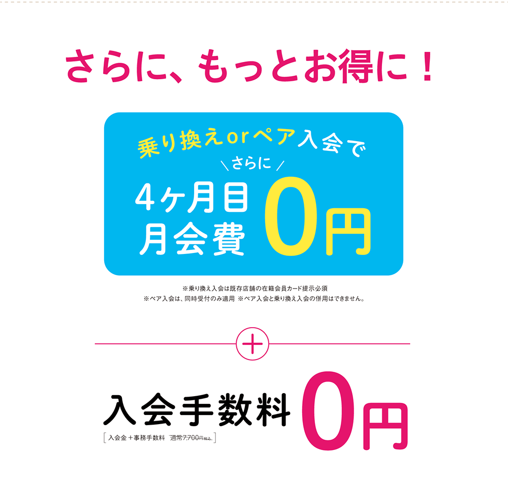 さらに、もっとお得に！乗り換えorペア入会でさらに4ヶ月目月会費0円 ※乗り換え入会は既存店舗の在籍会員カード提示必須 ※ペア入会は、同時受付のみ適用 ※ペア入会と乗り換え入会の併用はできません。＋入会手数料0円